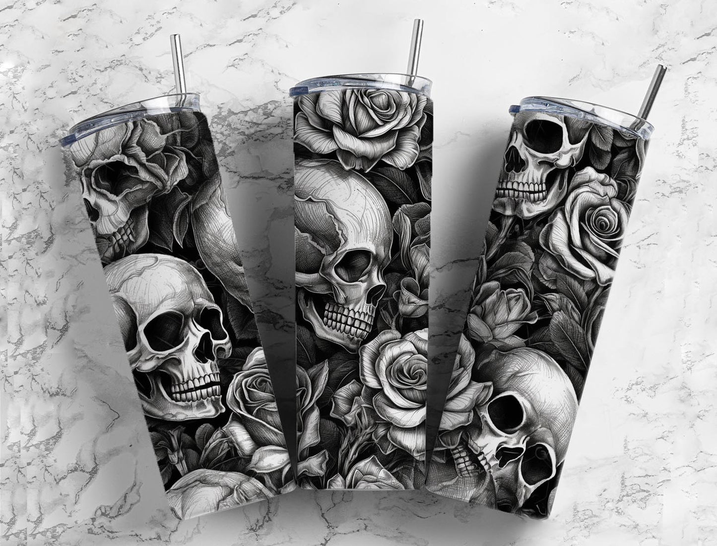 Black & White Floral Skull Tumbler